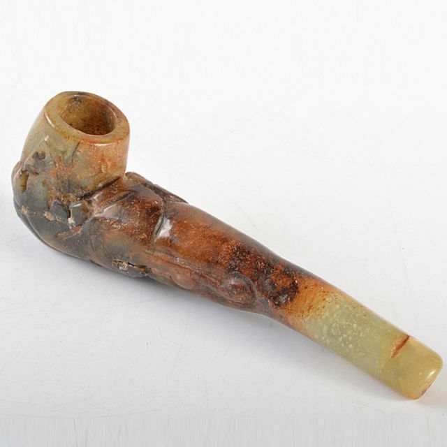 中国　玉石彫刻　神獣刻　パイプ　煙管　喫煙具　V　R5837