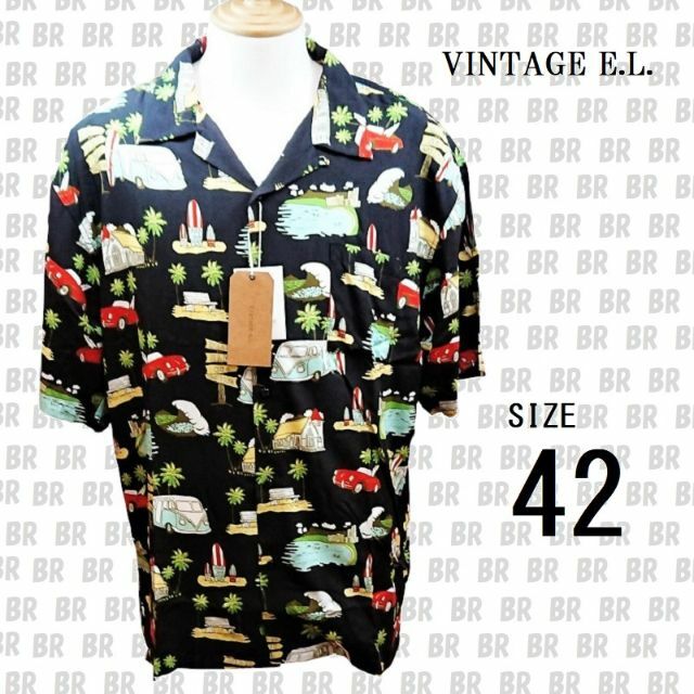 新品　【VINTAGE E.L.】　サイズ42　ブラック　アロハシャツ