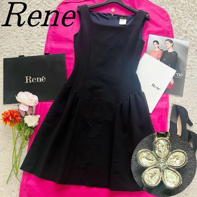 【美品】Rene フレアワンピース ネイビー 34 膝丈 ノースリーブ チャーム