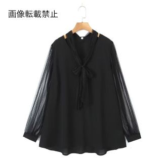 💍6月新作🦋11413◇black シアースリーブ ボウタイ シャツ ブラウス (シャツ/ブラウス(長袖/七分))