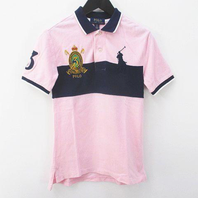 レディースポロシャツ　polo 半袖　ビッグポニー　ワッペン　Lサイズ　ピンク　紺