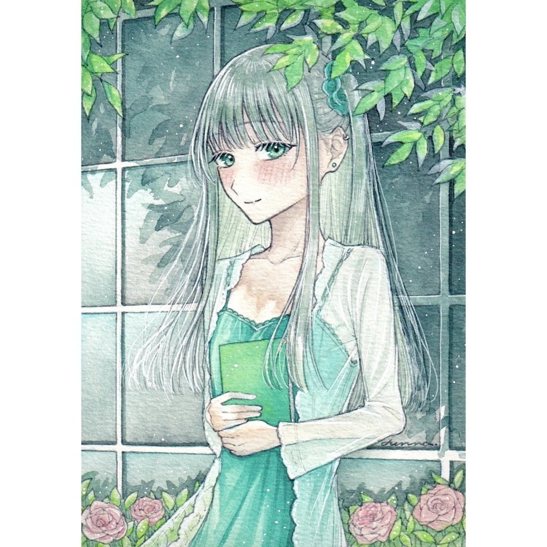 手描きイラスト オリジナル 創作 原画 青 緑 植物 女の子 花