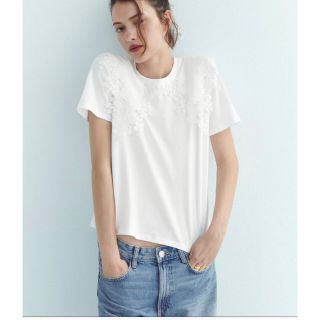 ザラ(ZARA)のZARAネックフローラルディテールTシャツ人気(Tシャツ(半袖/袖なし))