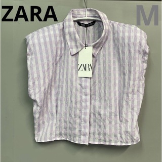 ザラ(ZARA)のZARA ギンガムチェック　トップス　シャツ　新品　パープル　ハイウエスト　L(シャツ/ブラウス(半袖/袖なし))