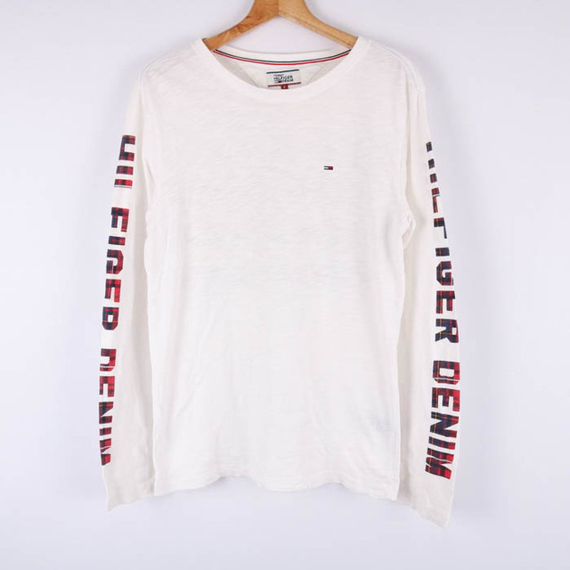 TOMMY HILFIGER(トミーヒルフィガー)のトミーヒルフィガー 長袖Tシャツ ロゴ 袖デザイン バックプリント コットン トップス メンズ Sサイズ ホワイト TOMMY HILFIGER メンズのトップス(Tシャツ/カットソー(七分/長袖))の商品写真