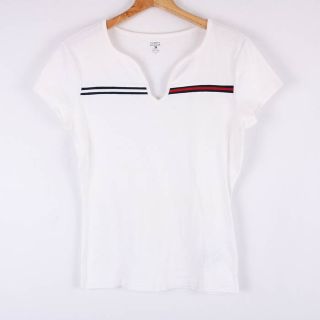 トミーヒルフィガー(TOMMY HILFIGER)のトミーヒルフィガー 半袖Tシャツ キーネック フロントライン コットン トップス レディース Mサイズ ホワイト TOMMY HILFIGER(Tシャツ(半袖/袖なし))