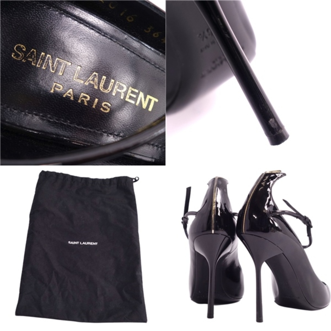 美品 サンローラン パリ SAINT LAURENT PARIS パンプス アンクルストラップ ポインテッドトゥ パテントレザー ヒール シューズ 靴  レディース 36.5(23.5cm相当) ブラック