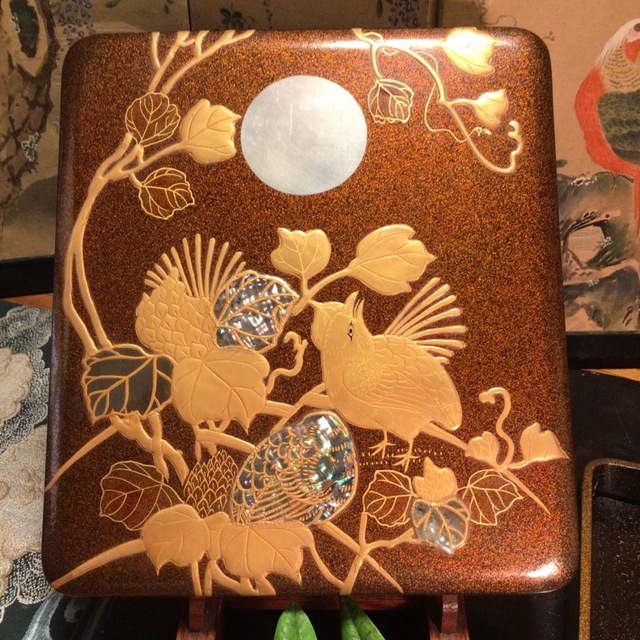 【特別出品】光琳蒔絵 硯箱 文房具 総梨地 一対鶉蒔絵 螺鈿細工 1合(共箱付)