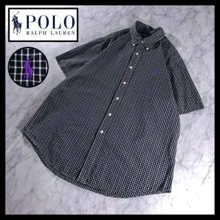 ラルフローレン(Ralph Lauren)の古着 ラルフローレン ビッグ シャツ 半袖 格子柄 チェック 黒紫 XL 刺繍(シャツ)