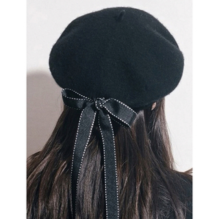 黒 ベレー帽 リボン モデル 撮影(ハンチング/ベレー帽)