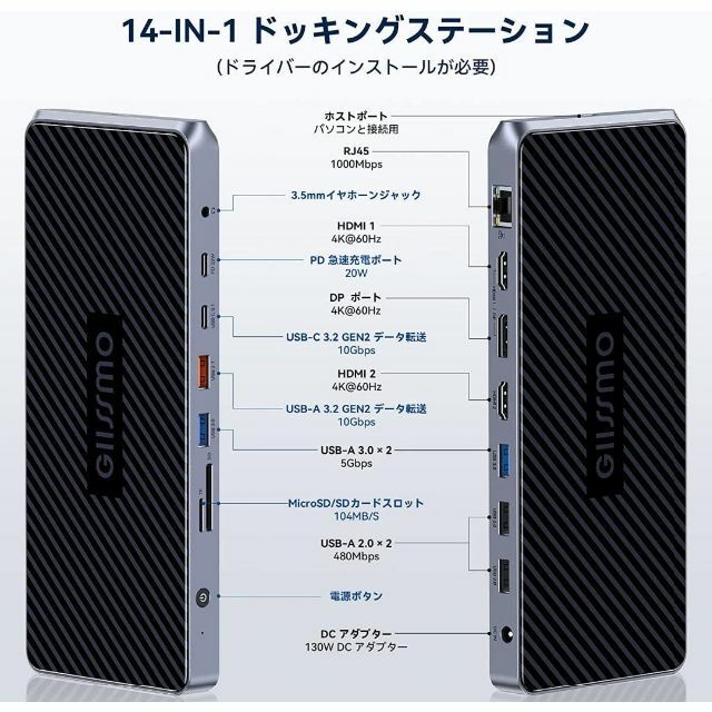 14-IN-1 USB-C ドッキングステーション 4K 4画面拡張 HDMI