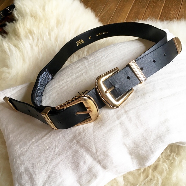 ZARA ダブルバックルベルト ブラック レザー ゴールド バックル ベルト | フリマアプリ ラクマ