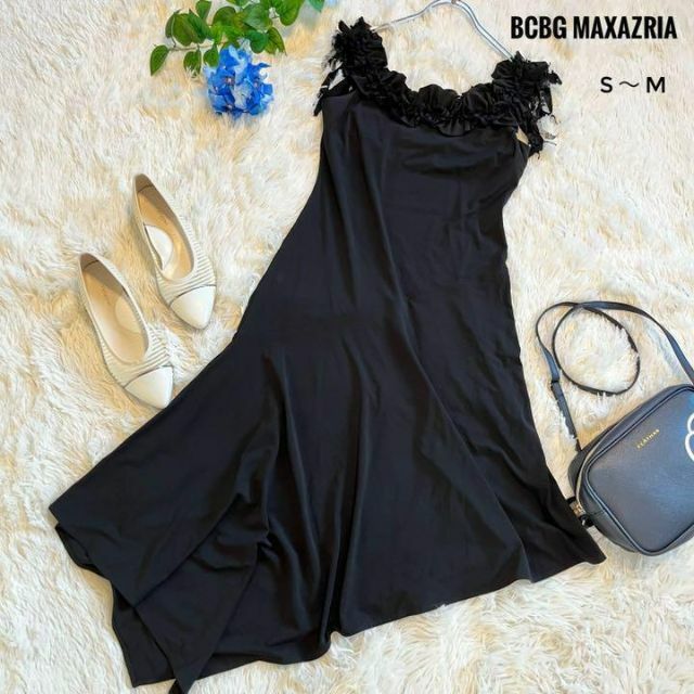 BCBGMAXAZRIA - BCBG maxazria アシンメトリー フリル ドレス 黒 S〜M