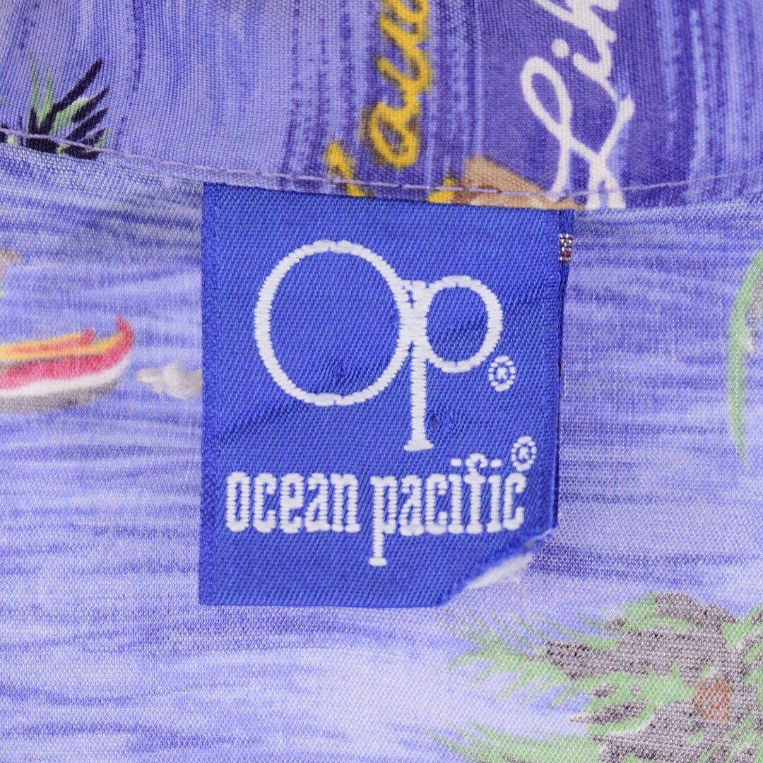 OCEAN PACIFIC(オーシャンパシフィック)の古着 90年代 オーシャンパシフィック Ocean pacific レーヨン オープンカラー 総柄 ヤシの木柄 ハワイアンアロハシャツ USA製 メンズL ヴィンテージ /eaa341804 メンズのトップス(シャツ)の商品写真