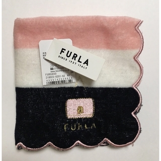 フルラ(Furla)のFurla 新品タオル ピンク ホワイト ブラック ストライプ(ハンカチ)