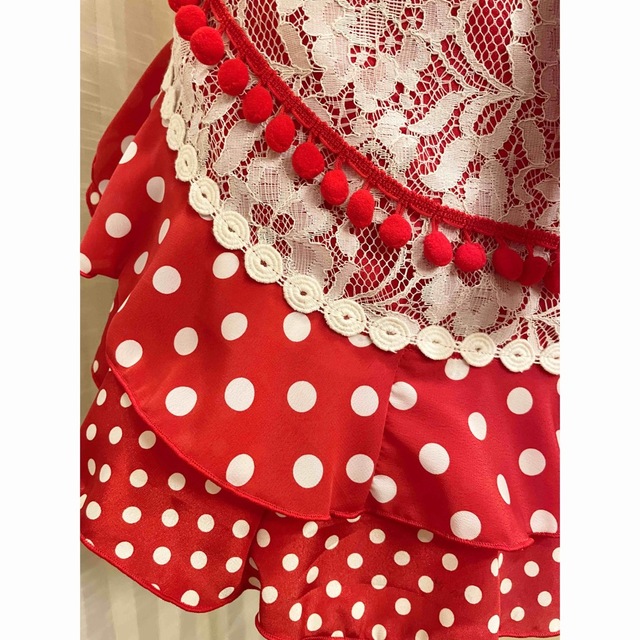 買物 エプロン ショート丈 生成レース 赤 フリル赤白水玉2段