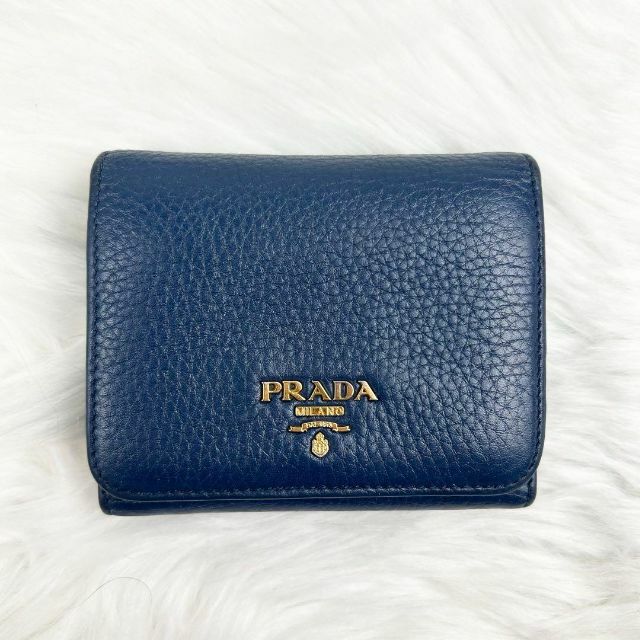 美品PRADA☆鑑定済☆VITELLO GRAINネイビー プラダ3つ折り財布