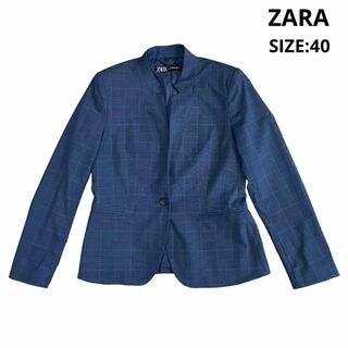 ザラ(ZARA)のZARA チェック スタンドカラージャケット サイズ40 ネイビー(ノーカラージャケット)