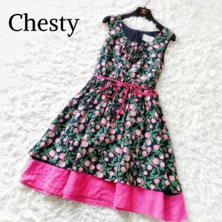 【極美品】Chesty 花柄ギャザー膝丈ノースリーブワンピース 日本製