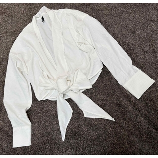 新品未使用　スペイン購入　2WAYリボンブラウス　ホワイト　白　綿(シャツ/ブラウス(長袖/七分))