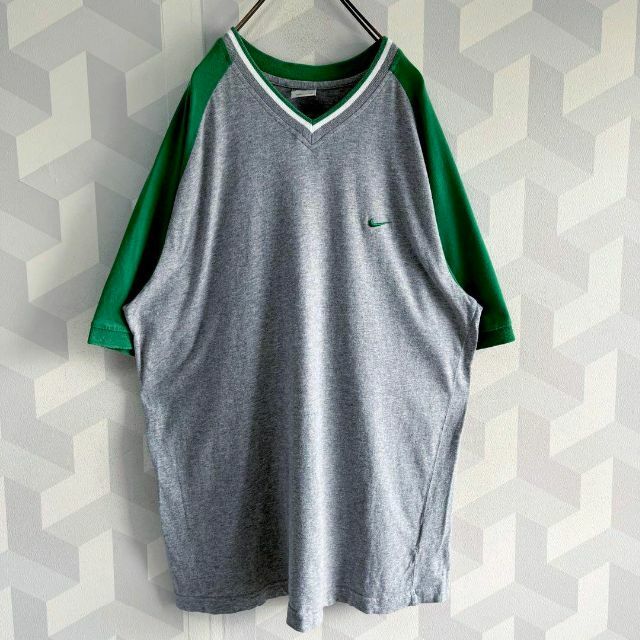 【ナイキ】XL レアデザイン ラグラン 刺繍ロゴ Tシャツ 緑グレー nike