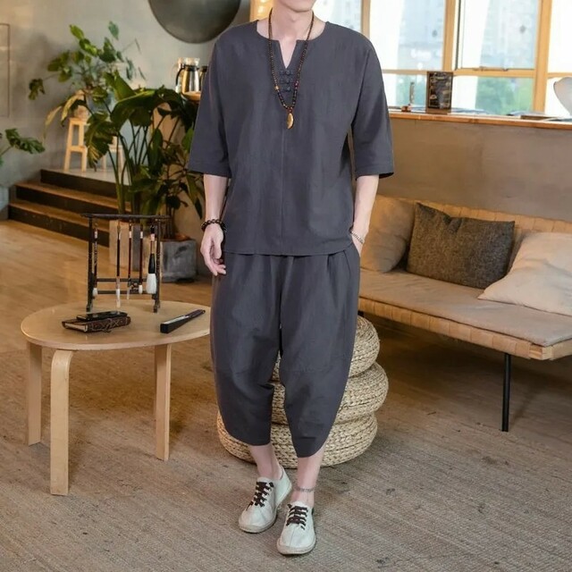 〔メンズ ルームウェア〕2XL グレー 天然素材 甚平 半袖 ハーフパンツ メンズのトップス(ジャージ)の商品写真
