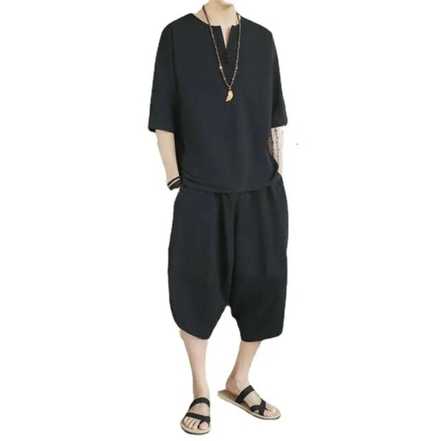 〔メンズ ルームウェア〕XL ブラック 天然素材 甚平 半袖 ハーフパンツ メンズのトップス(ジャージ)の商品写真