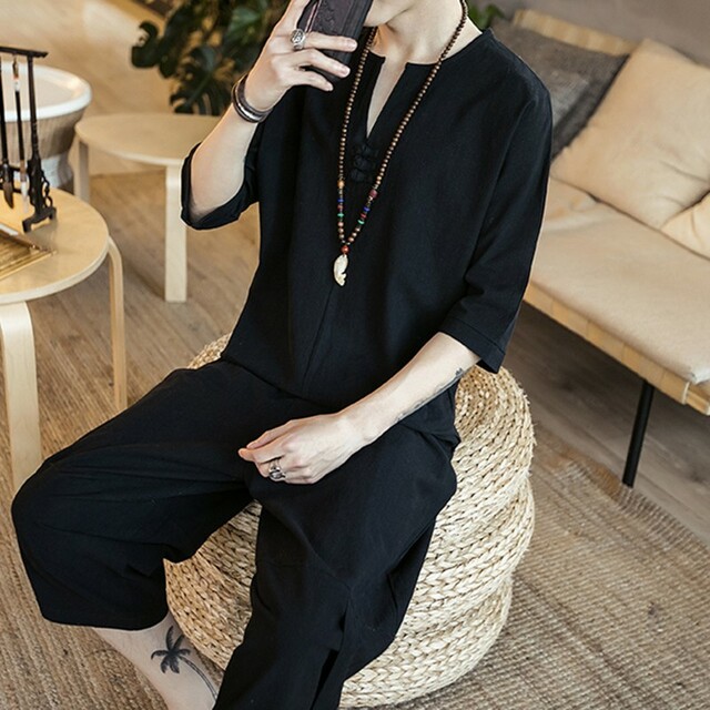 〔メンズ ルームウェア〕XL ブラック 天然素材 甚平 半袖 ハーフパンツ メンズのトップス(ジャージ)の商品写真