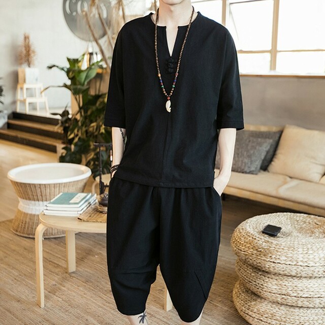 〔メンズ ルームウェア〕XL ブラック 天然素材 甚平 半袖 ハーフパンツ メンズのトップス(ジャージ)の商品写真