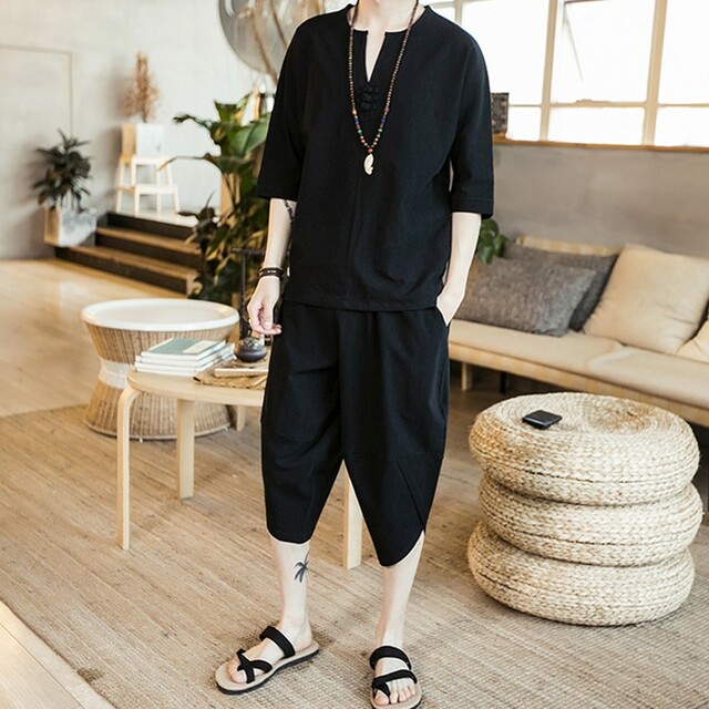 〔メンズ ルームウェア〕XL ブラック 天然素材 甚平 半袖 ハーフパンツ メンズのトップス(ジャージ)の商品写真