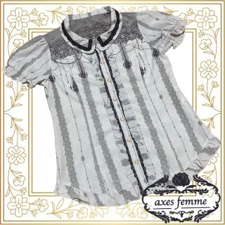 axes femme - シャンデリアレースストライプ半袖ブラウス/アクシーズ