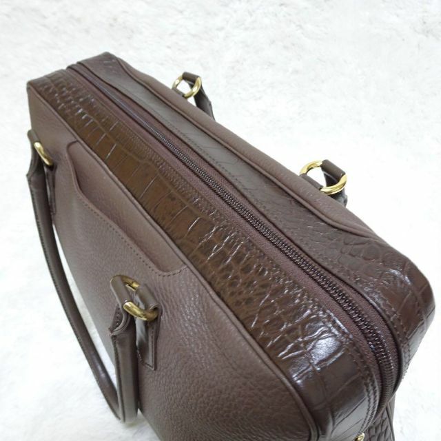 美品 HAMANO 濱野皮革工藝 エヴィ クロコ型 レザー ボストン ブラウン