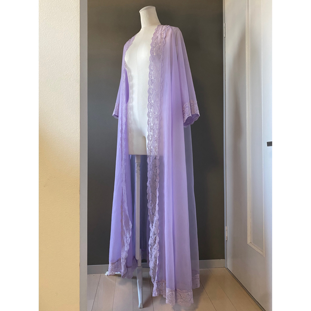 ビンテージ 70s 花模様 レース 紫 ガウン フレア ワンピース ドレス 希少