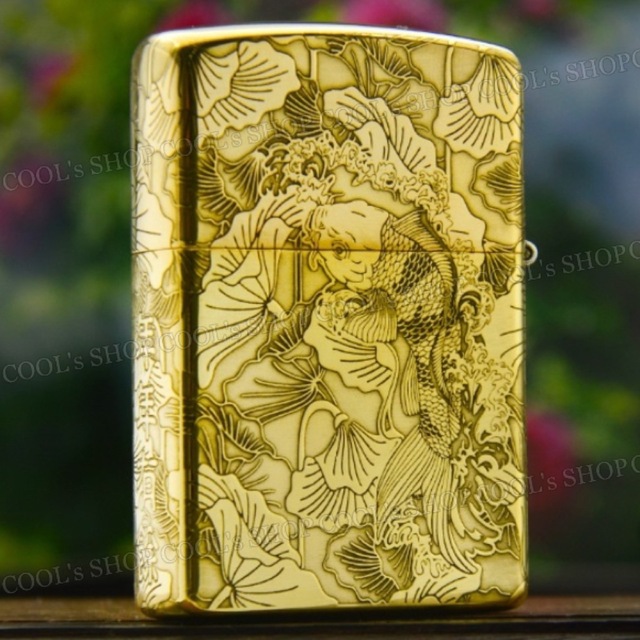 錦鯉 蓮 五面総彫り オイルライター ZORRO 金 zippo 鯉 カープ