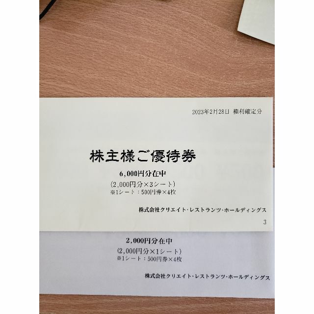 レストラン/食事券最新 クリエイトレストランツ 株主優待 8000円分 ...