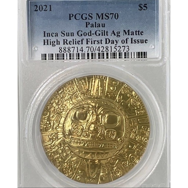 現品限り 【◎最高鑑定】パラオ 金貨仕様 インカ太陽神 PCGS MS70 銀貨