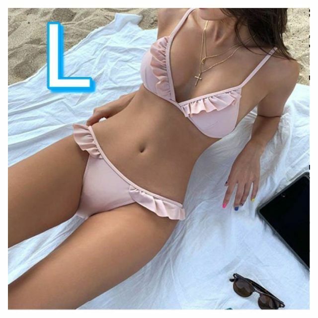 50%OFF 新品 レディース 水着 ビキニ ベビーピンク フリル付き L セクシー 韓国 即日発送★レディース水着 花柄 レースアップ オフショルダービキニ ピンク
