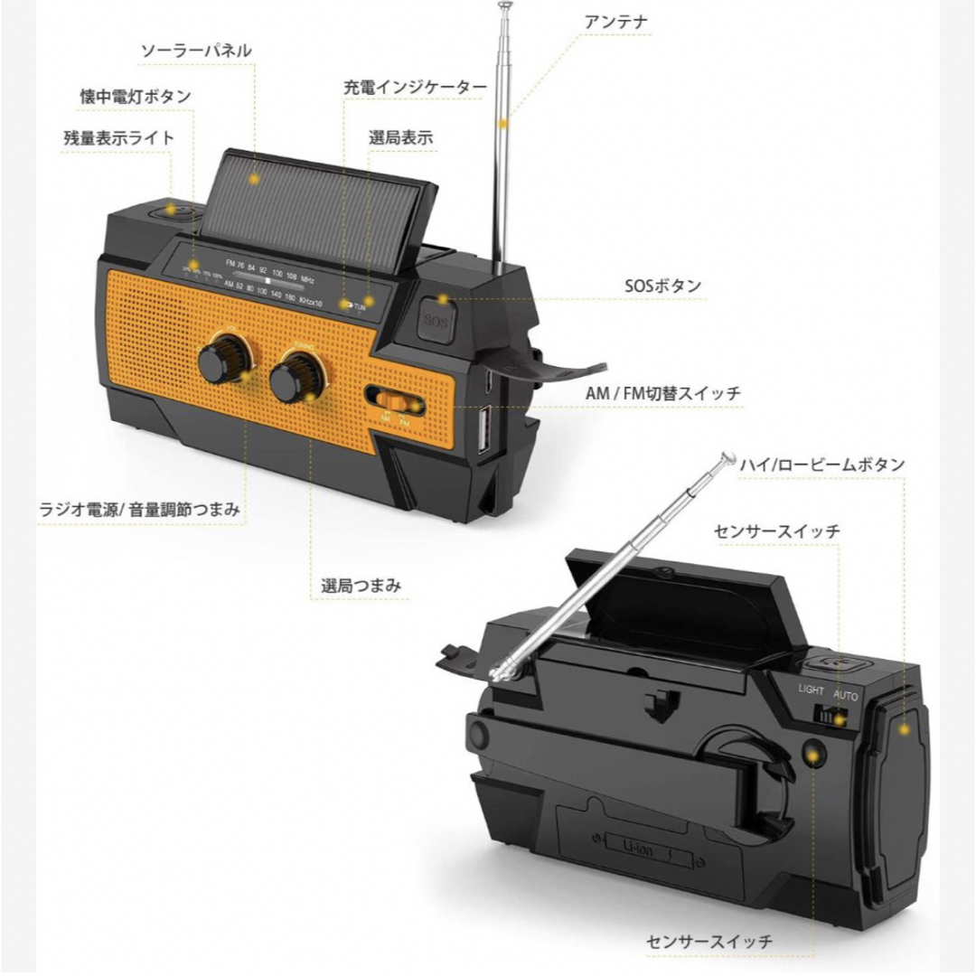 ラジオ 多機能 防災ラジオ  手回し 太陽光  懐中電灯 災害用 スマホ/家電/カメラのオーディオ機器(ラジオ)の商品写真