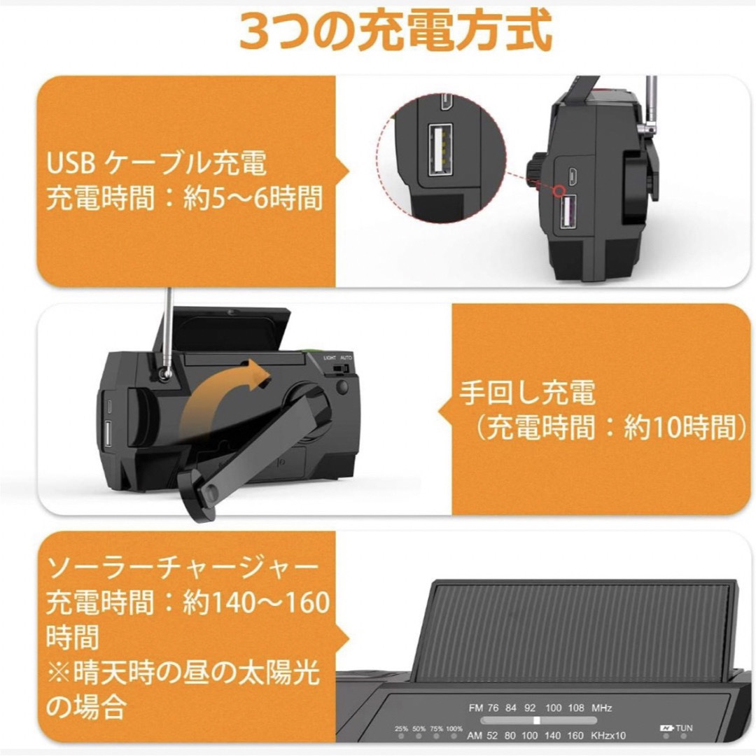 ラジオ 多機能 防災ラジオ  手回し 太陽光  懐中電灯 災害用 スマホ/家電/カメラのオーディオ機器(ラジオ)の商品写真