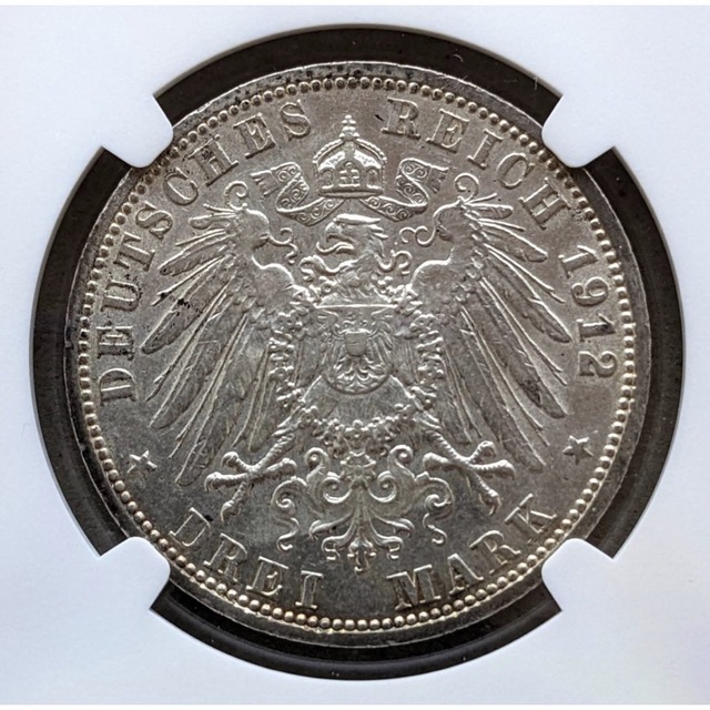 NGC】1912A ドイツ プロイセン 3マルク銀貨 AU DETAILS - 旧貨幣/金貨