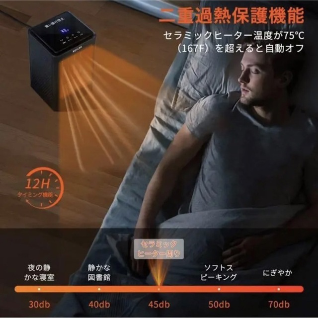 セラミックヒーター 段階温度調節 12時間タイマー液晶表示 LEDタッチパネル