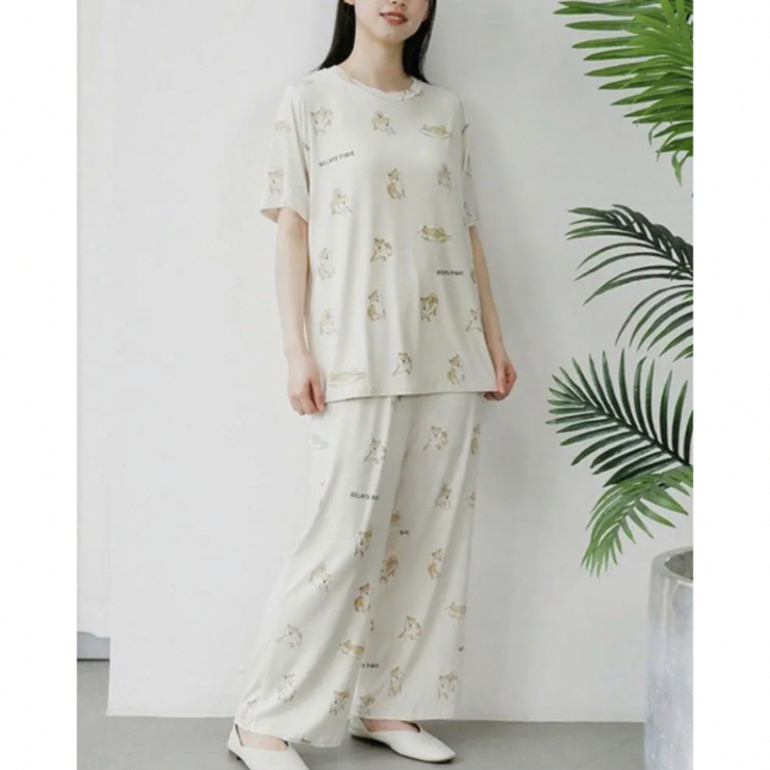 ジェラートピケ 柴犬柄 Tシャツ+ロングパンツ 上下セット