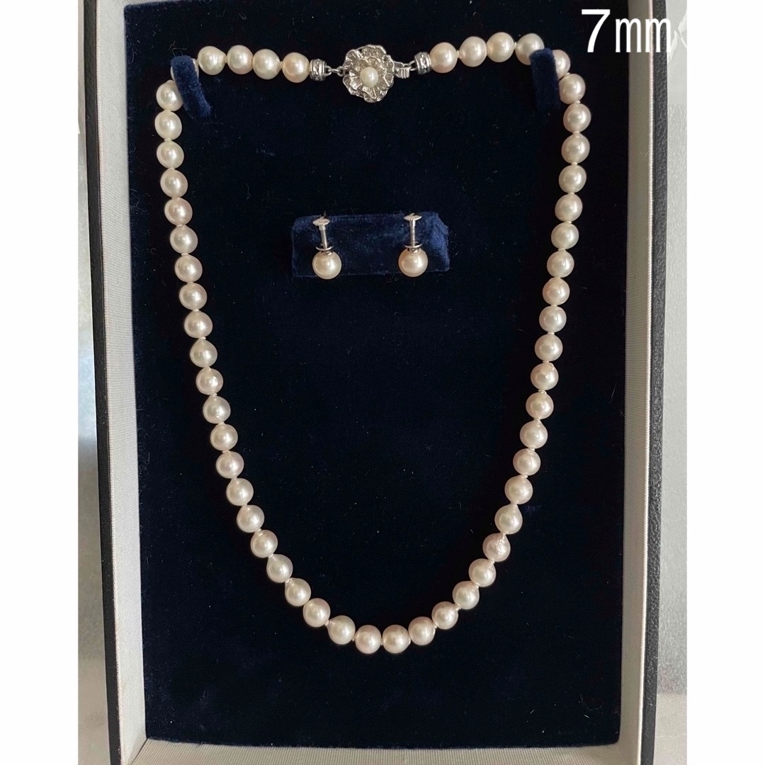  ビンテージ　あこや真珠ネックレス　イヤリング7㎜　14WG オールノット仕上げ レディースのアクセサリー(ネックレス)の商品写真