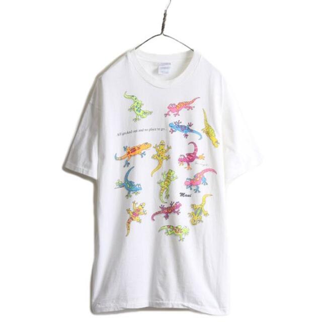 90s アニマル トカゲ アート プリント Tシャツ XL イラスト 白 動物
