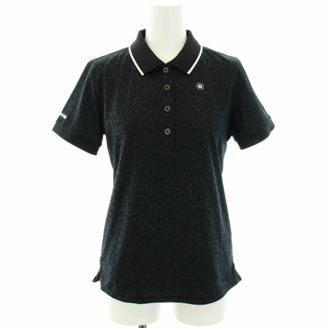 ブリーフィング ポロシャツ カットソー ゴルフ 半袖 総柄 ロゴプリント S 黒