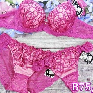 PA09★B75 M★美胸ブラ レースバック&Ｔバックショーツセット ピンク(ブラ&ショーツセット)