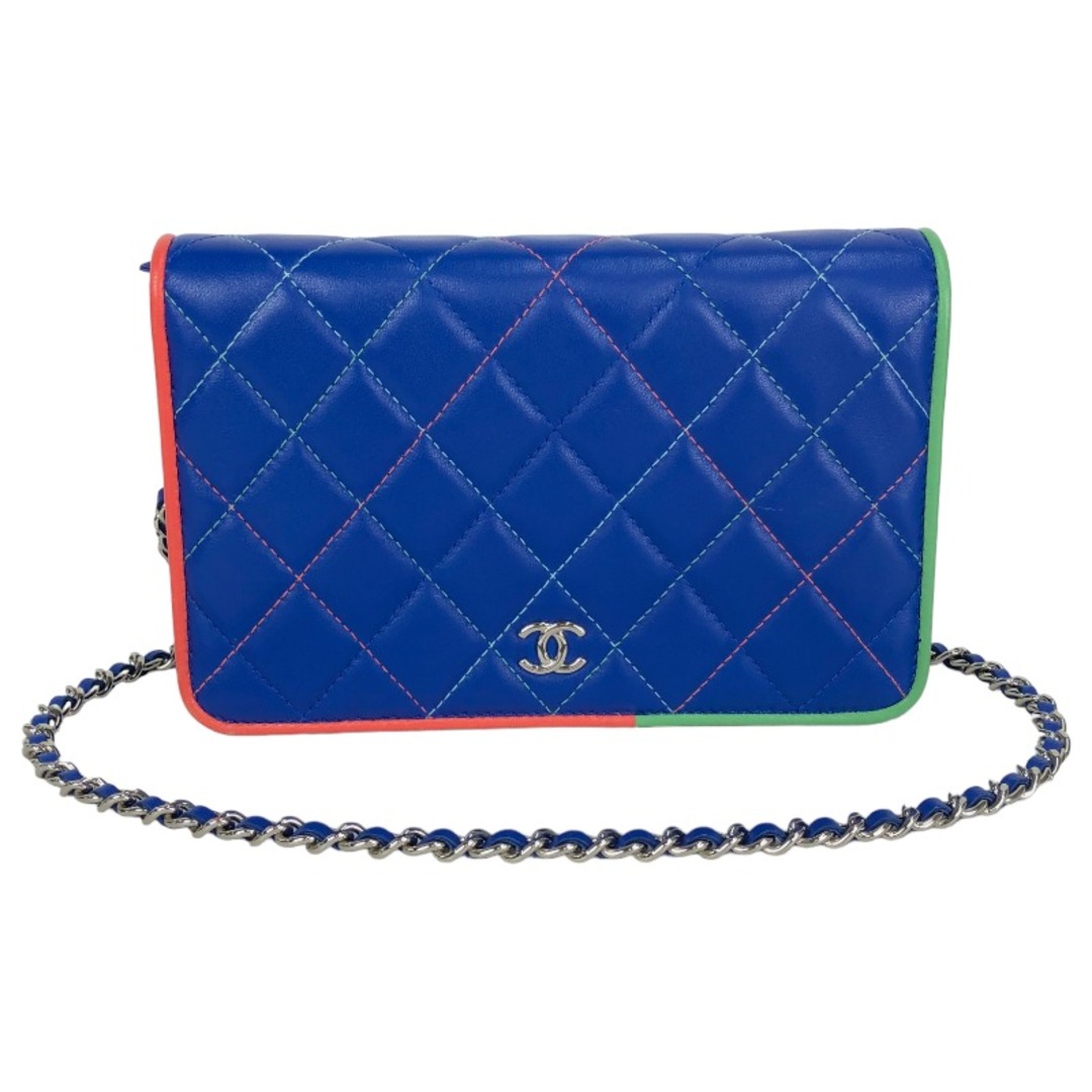 約19cm高さシャネル CHANEL チェーンウォレット ブルー・マルチカラー シルバー金具 ラムスキン レディース 長財布