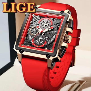 新品 LIGE クロノグラフスクエアウォッチ レッド シリコンバンドメンズ腕時計