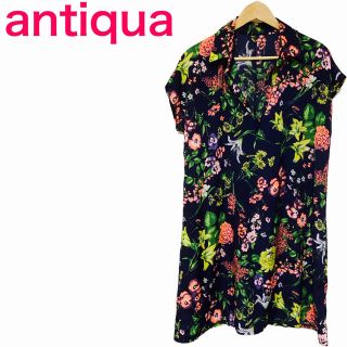 アンティカ(antiqua)の【antiqua】ワンピース　花柄　ネイビー　紺　ノースリーブ　アンティカ(ひざ丈ワンピース)