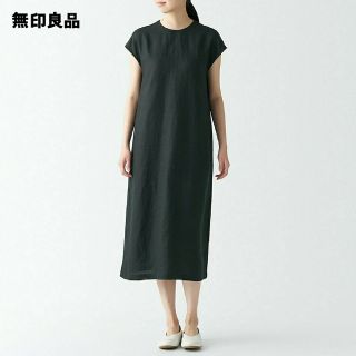 ムジルシリョウヒン(MUJI (無印良品))の【新品】  無印良品ヘンプ洗いざらしフレンチスリーブワンピース／黒／XL(ひざ丈ワンピース)